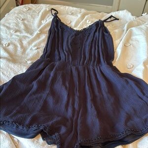 Navy Blue Lace Trim Romper